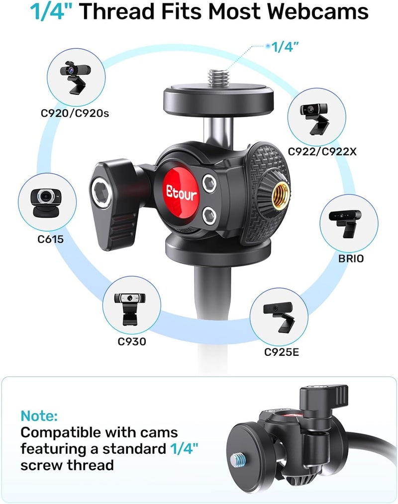 Etour Webcam Stand for Desk, Upgraded Gooseneck Web Camera Tripod & 360° Swivel Ballhead for Logitech Webcam C922 C930 C930e C920 C920s C920x C960 C615 BRIO NexiGo N60 with 1/4" Thread - Image 1